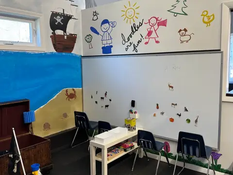 The art station and doodle wall with craft tables and magnetic whiteboard